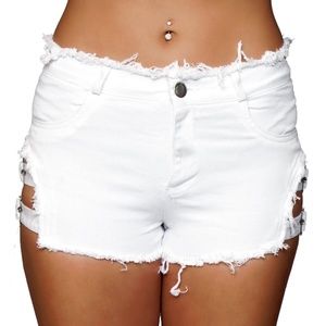 Denim Shorts Buckle Sides Cut Off Frayed Pockets